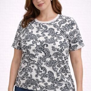 T-Shirt Women Paisley Floral Black White Pima Cotton Whimsycore Casual Size 1X